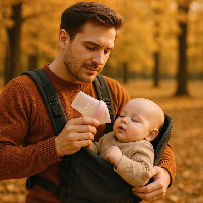 Papa nourrissant son bébé avec un biberon Como Tomo rose en pleine nature automnale, idéal pour les sorties grâce à sa compatibilité nomade.