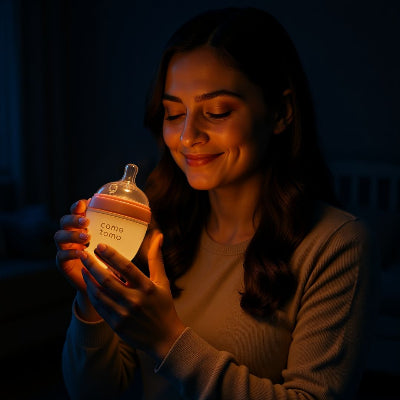 Maman tenant un biberon Como Tomo rose lumineux dans une chambre tamisée, parfait pour les tétées nocturnes grâce à sa douceur et son design ergonomique.