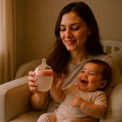 Maman souriante tenant un biberon Como Tomo rose avec son bébé heureux sur les genoux, moment de complicité et confort d’allaitement mixte