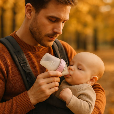Papa donnant le biberon Como Tomo rose à son bébé confortablement installé dans un porte-bébé, pour une tétée naturelle et anti-colique.