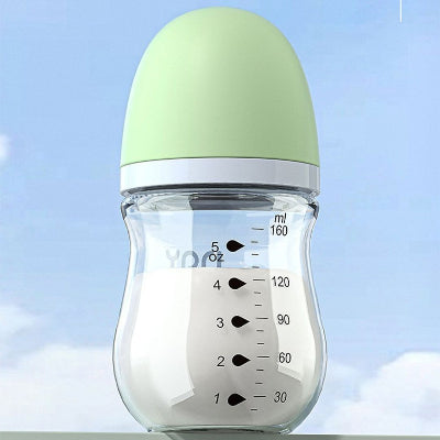 Biberon compatible allaitement en verre 160 ml vert avec tétine physiologique, idéal pour la transition sein-biberon