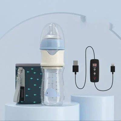 Biberon en verre 240 ml bleu avec housse chauffante USB, idéal dès 3 mois pour les sorties et tétées sans stress.