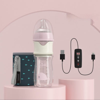 Biberon en verre 240 ml rose pour bébé dès 3 mois, avec housse chauffante USB pour lait toujours à bonne température.