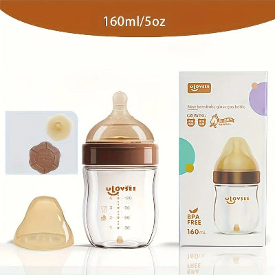 Biberon anti colique en verre 120 ml avec graduations précises et tétine physiologique pour nouveau-né.
