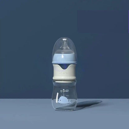  Biberon en verre 150 ml bleu avec tétine adaptée aux nouveau-nés, idéal pour les premières semaines.