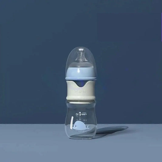  Biberon en verre 150 ml bleu avec tétine adaptée aux nouveau-nés, idéal pour les premières semaines.