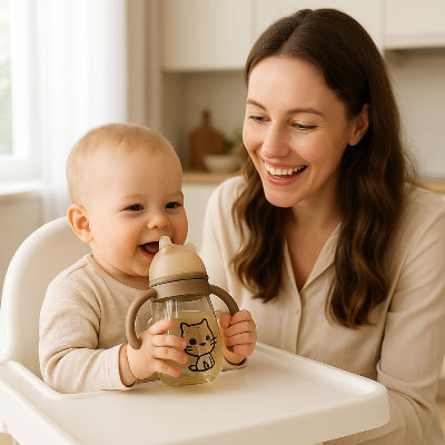Bébé heureux utilisant un biberon PPSU à motif chat, double poignée ergonomique, idéal pour la transition allaitement.

