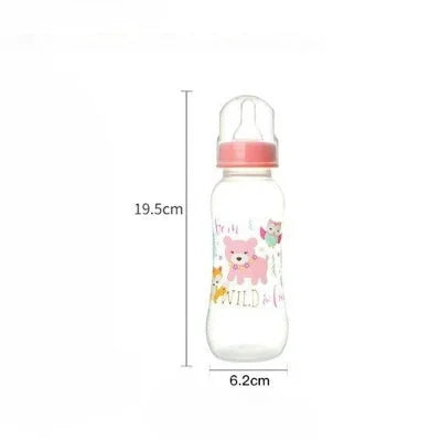 Biberon rose transparent avec dessin d’animaux et indication des dimensions (19,5 cm x 6,2 cm) – biberon bébé ergonomique pour main de parent.