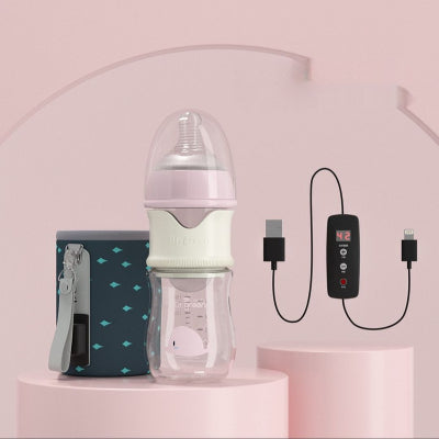 Modèle rose du biberon en verre 150 ml avec housse chauffante USB et tétine pour nouveau-né, idéal dès la naissance.