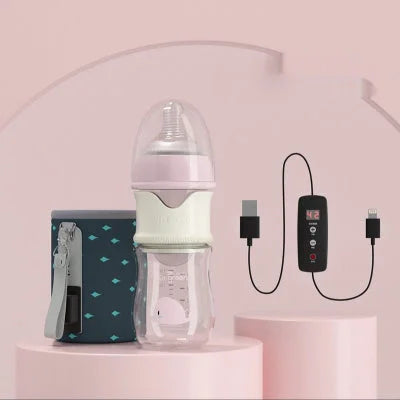 Modèle rose du biberon en verre 150 ml avec housse chauffante USB et tétine pour nouveau-né, idéal dès la naissance.