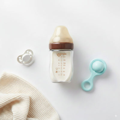 Biberon anti colique en verre présenté avec accessoires de bébé : tétine, sucette et doudou.