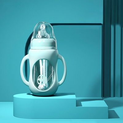 Biberon en verre bleu 240 ml avec tétine souple et structure anti-fuite pratique