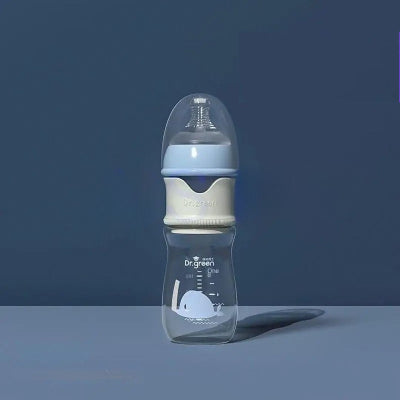 Biberon en verre 240 ml bleu avec tétine M pour bébé de plus de 3 mois – Design ergonomique et verre transparent sécurisé.