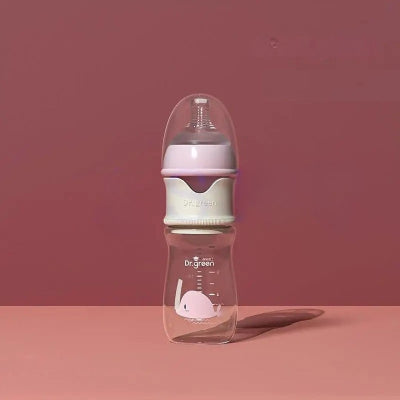 Biberon  en verre rose 240 ml pour bébé dès 3 mois – Tétine anti-colique et verre borosilicate sans BPA.