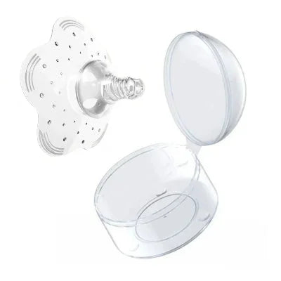 Bout de seins en silicone transparent avec étui, forme ergonomique en pétale, soulage la douleur mamelon et facilite la prise du sein.

