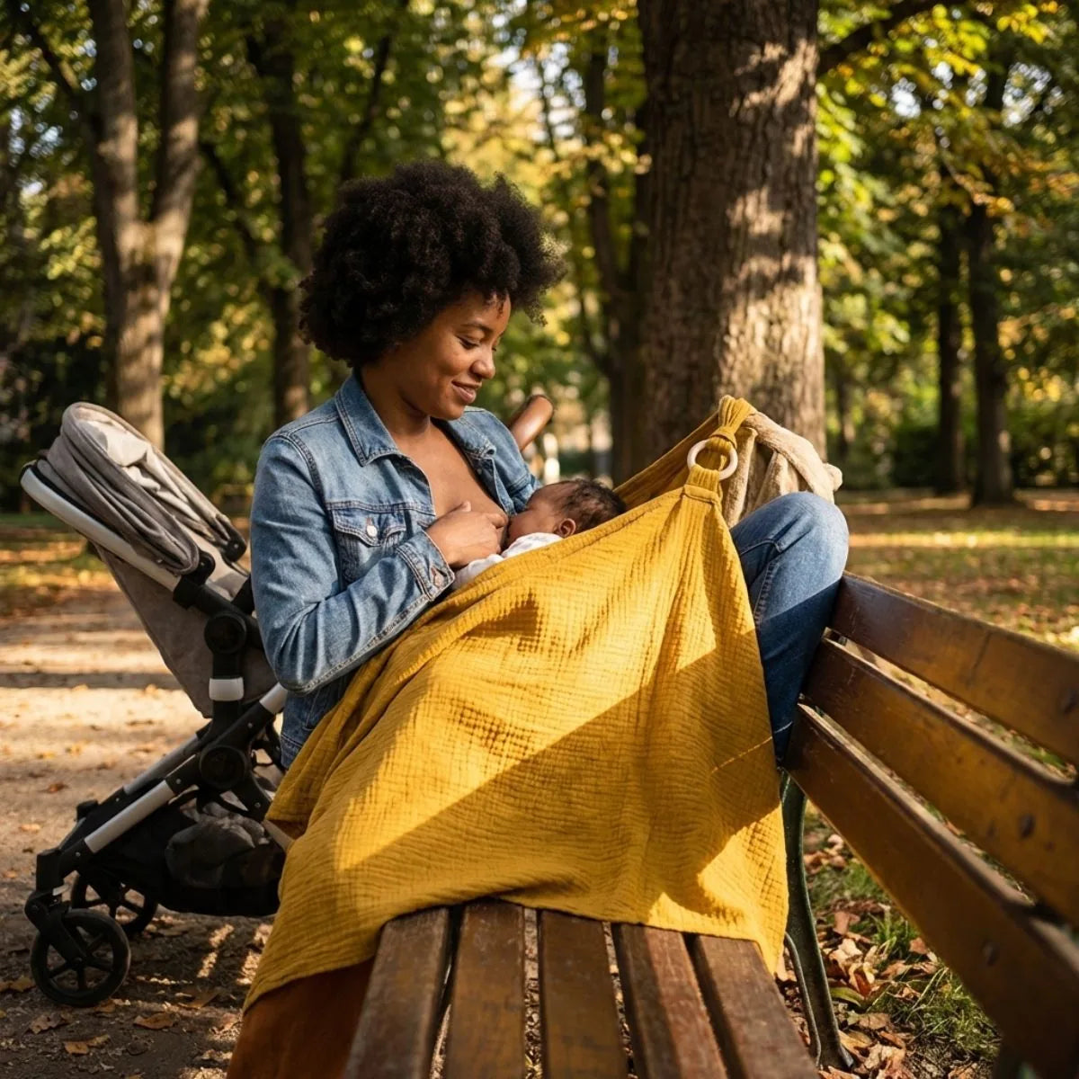 cape-allaitement-zephy-moutarde-usage-parc-banc