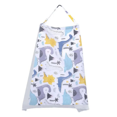 Cape d’allaitement blanche à imprimé dinosaures colorés, parfaite pour un allaitement discret et ludique, adaptée aux bébés curieux et aux mamans modernes.