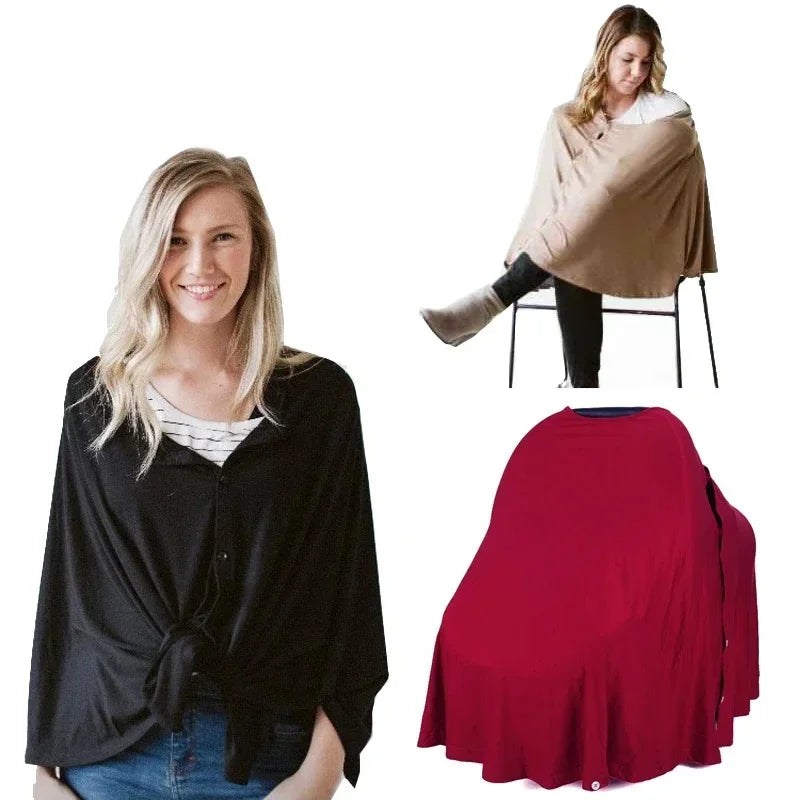 Cape pour allaitement Solène — 3 usages : portée en poncho noir, couverture siège auto beige, étalée bordeaux boutons nacre visibles