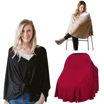 Cape pour allaitement Solène — 3 usages : portée en poncho noir, couverture siège auto beige, étalée bordeaux boutons nacre visibles
