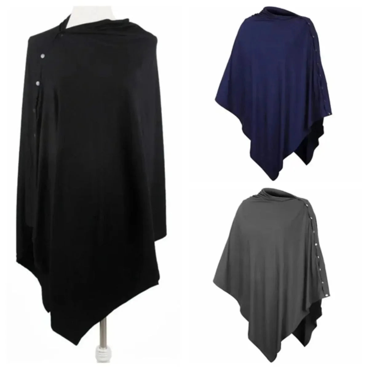 Cape pour allaitement Solène™ gris anthracite sur mannequin — profil droit, coupe asymétrique élégante visible
