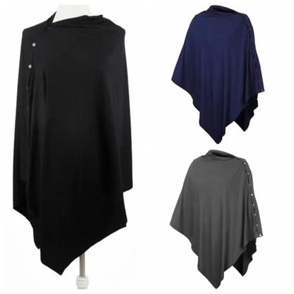 Cape pour allaitement Solène™ gris anthracite sur mannequin — profil droit, coupe asymétrique élégante visible