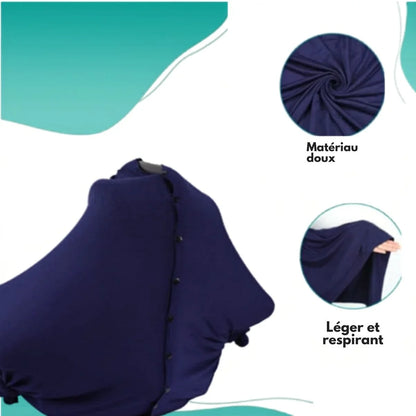 Infographie cape pour allaitement Solène™ marine — matériau doux et respirant, tissu tricoté léger certifié