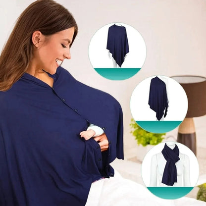 Cape pour allaitement Solène™ marine — présentation des 3 usages : poncho, cape allaitement et écharpe