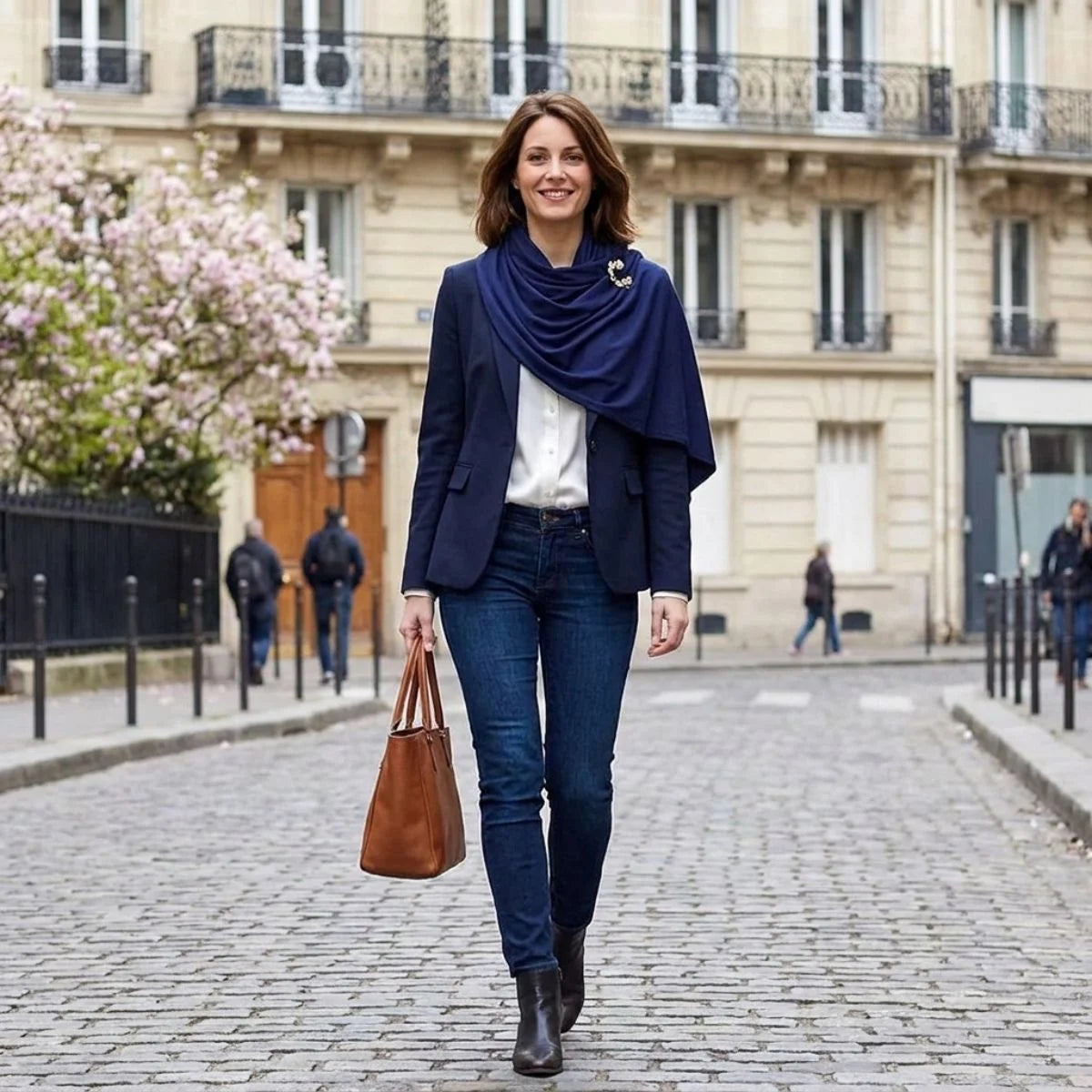 Solène™ marine portée comme écharpe élégante dans une rue pavée de Paris — le 3e usage mode du poncho allaitement