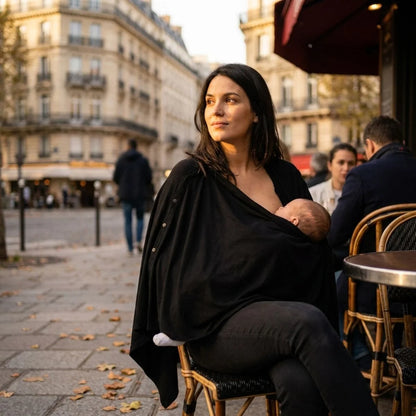 Poncho allaitement Solène™ noir — maman allaitant sereinement en terrasse de café à Paris, discrétion naturelle
