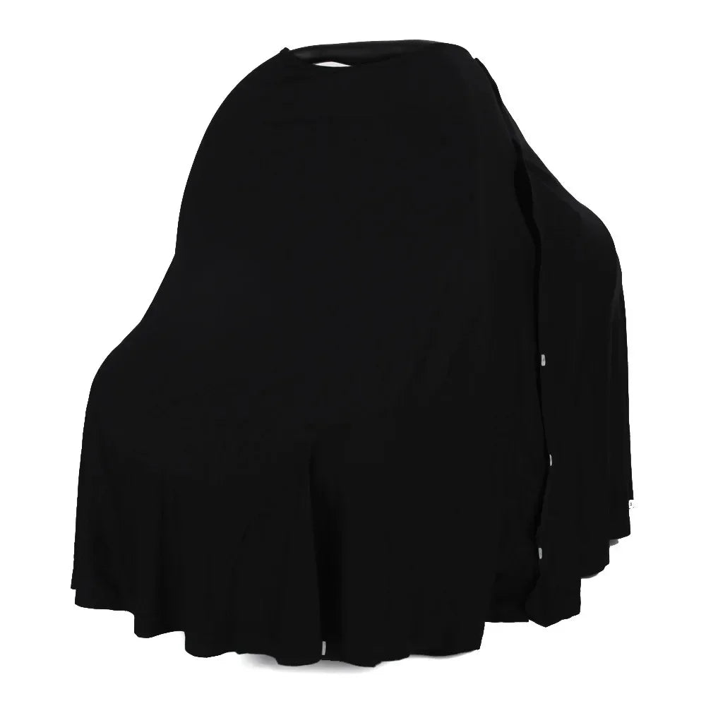 Cape pour allaitement Solène noire sur mannequin siège auto, coupe circulaire 360° coton extensible, fermeture boutons nacre latérale