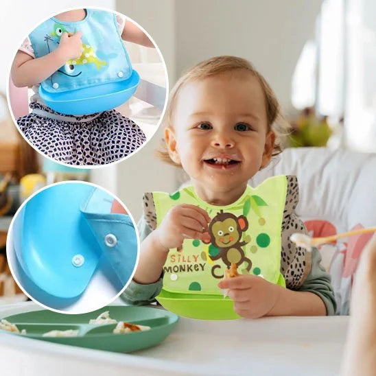ÉcoBambino™ – Bavoir bébé imperméable à poche récupératrice - dimensions et packaging | Premiers Pas Sereins