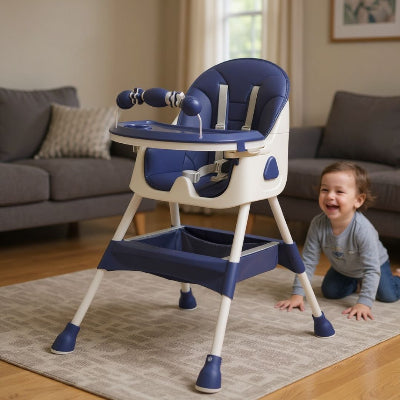Chaise haute bébé bleu océan Croquinou™ avec harnais de sécurité et plateau amovible, idéale dès 6 mois. Conçue comme chaise évolutive pour bébé, pratique comme chaise pour bébé à table et chaise pliable bébé pour un usage quotidien.
