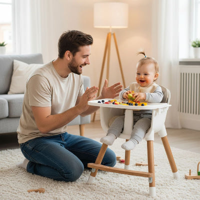 Chaise haute bébé en bois avec harnais 5 points, plateau repas amovible et repose-pieds réglable, idéale pour nourrir bébé confortablement à table avec les parents.