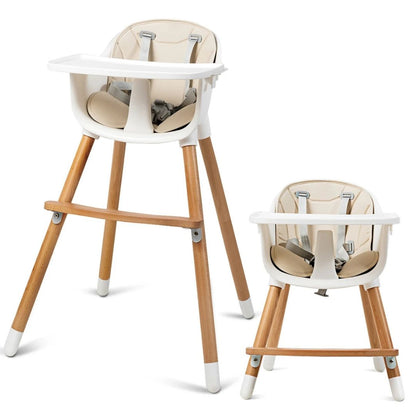 Chaise haute bébé bois évolutive AssiseZen™ en version haute et basse, 2-en-1 pratique avec assise crème et pieds en hêtre massif au style scandinave.