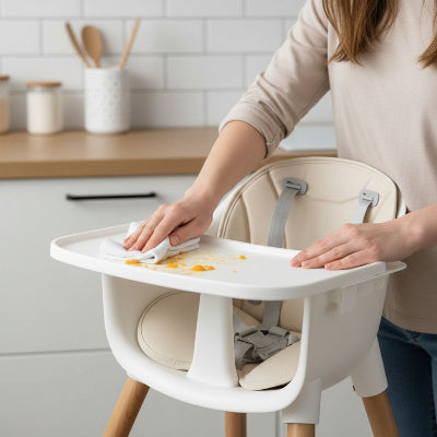 Plateau de chaise haute bébé en bois AssiseZen™ facilement nettoyable, avec coussin PU amovible et surfaces lisses pour un entretien rapide après les repas.