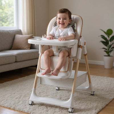 Bébé assis dans une chaise haute bébé évolutive blanche réglable en hauteur avec plateau repas amovible, chaise repas enfant pratique et confortable.