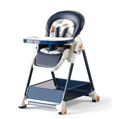 Chaise haute bébé évolutive bleue avec assise rembourrée, plateau amovible et panier de rangement, chaise haute bébé réglable en hauteur et compacte pour repas enfant.
