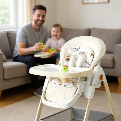 Chaise haute bébé évolutive écru avec plateau blanc au premier plan, papa et enfant jouant ensemble en arrière-plan, chaise haute enfant évolutive pour repas familiaux.