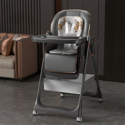 Chaise haute bébé évolutive gris foncé avec harnais de sécurité et plateau amovible, chaise haute bébé réglable en hauteur design moderne pour repas enfant.