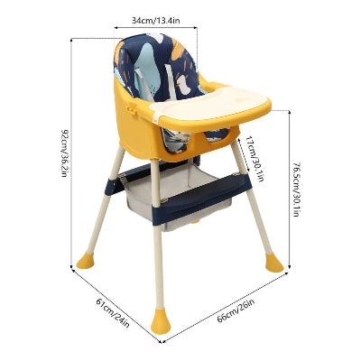 Schéma technique de la chaise haute bébé évolutive pliable jaune et bleu avec dimensions 92 × 66 × 61 cm, siège pour manger bébé réglable et confortable.
