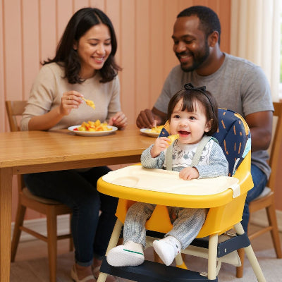 Chaise haute bébé évolutive avec plateau de jeu, bébé s’amuse assis pendant que son papa applaudit dans le salon, chaise bébé haute réglable pour repas et activités.