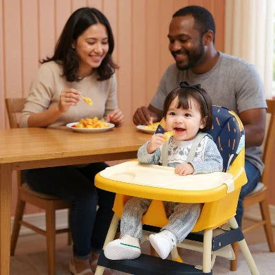 Chaise haute bébé évolutive avec plateau de jeu, bébé s’amuse assis pendant que son papa applaudit dans le salon, chaise bébé haute réglable pour repas et activités.