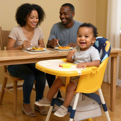 Chaise haute évolutive bébé confort jaune et bleu utilisée à table, bébé mange des légumes avec ses parents, siège manger bébé stable et ergonomique.