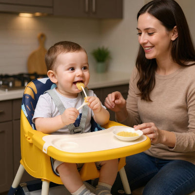 Chaise haute bébé évolutive pliable en coloris jaune et bleu avec coussin confort, plateau amovible double fonction et ceinture 5 points, idéale comme siège pour manger bébé en toute sécurité.