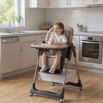 Enfant installé dans une chaise haute bébé évolutive kaki réglable avec plateau amovible, chaise repas enfant pratique et design dans une cuisine.