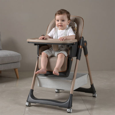 Bébé assis dans une chaise haute bébé évolutive kaki confortable avec harnais de sécurité, chaise pour bébé table design moderne.