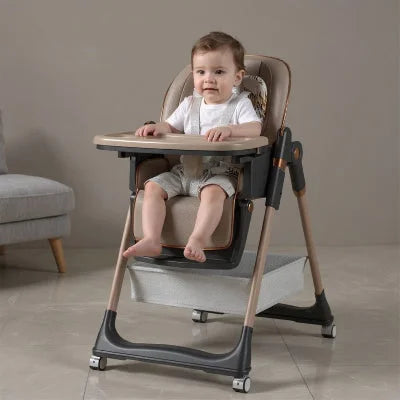 Bébé assis dans une chaise haute bébé évolutive kaki confortable avec harnais de sécurité, chaise pour bébé table design moderne.