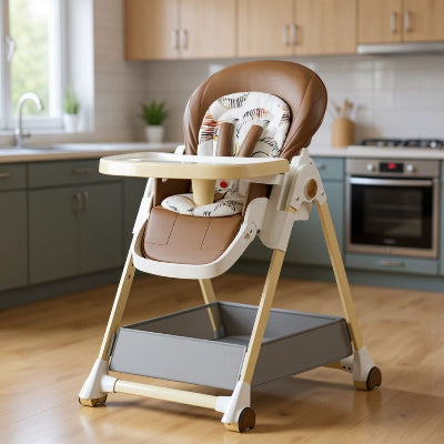 Chaise haute bébé évolutive marron placée dans une cuisine moderne, avec dossier inclinable et plateau amovible, meilleure chaise haute bébé réglable en hauteur.