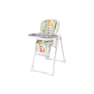 Chaise haute enfant évolutive blanche avec coussin imprimé animaux colorés, parfaite pour les repas et l’éveil à table.