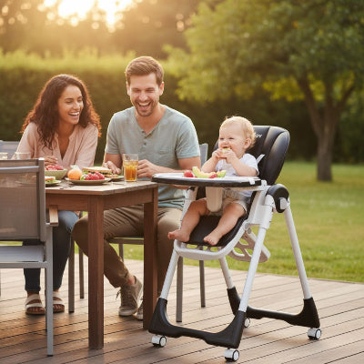 Chaise haute bébé évolutive noire utilisée en extérieur, bébé mangeant à table avec ses parents dans le jardin pour un repas en plein air.
